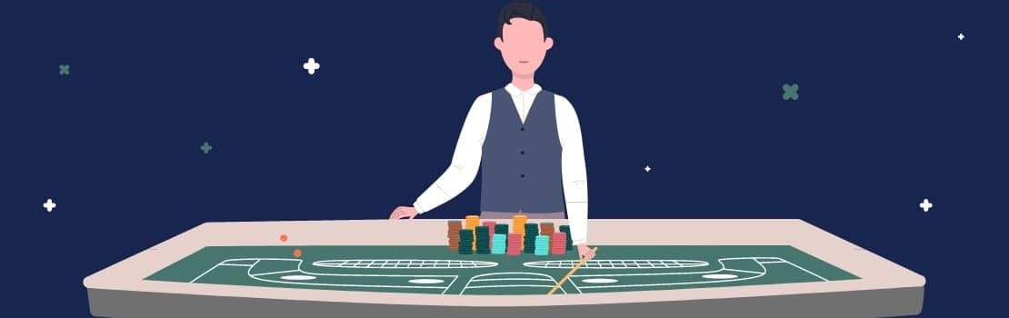Craps-pelipöytä, jonka takana seisoo pelin jakaja. Jakajan tausta on sininen.
