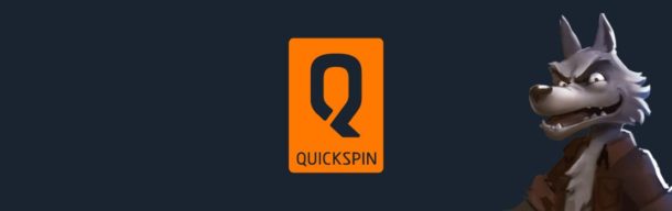 Oranssi Quickspin-logo mustalla taustalla. Kuvan oikeassa laidassa on susihahmo.