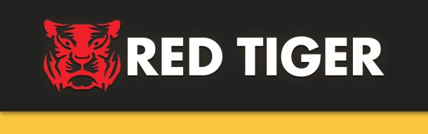 Valko-punainen Red Tiger Gaming -logo mustalla taustalla ja alareunassa keltainen viiva.