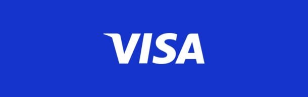 Visa kasinot. Sinisellä pohjalla valkoinen Visa-teksti, joka on samalla myös Visan logo.