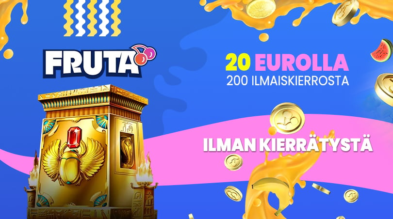 Fruta Casinon tarjoukselta uudet pelaajat voivat lunastaa 200 kierrätysvapaata ilmaiskierrosta 20 euron ensitalletuksella